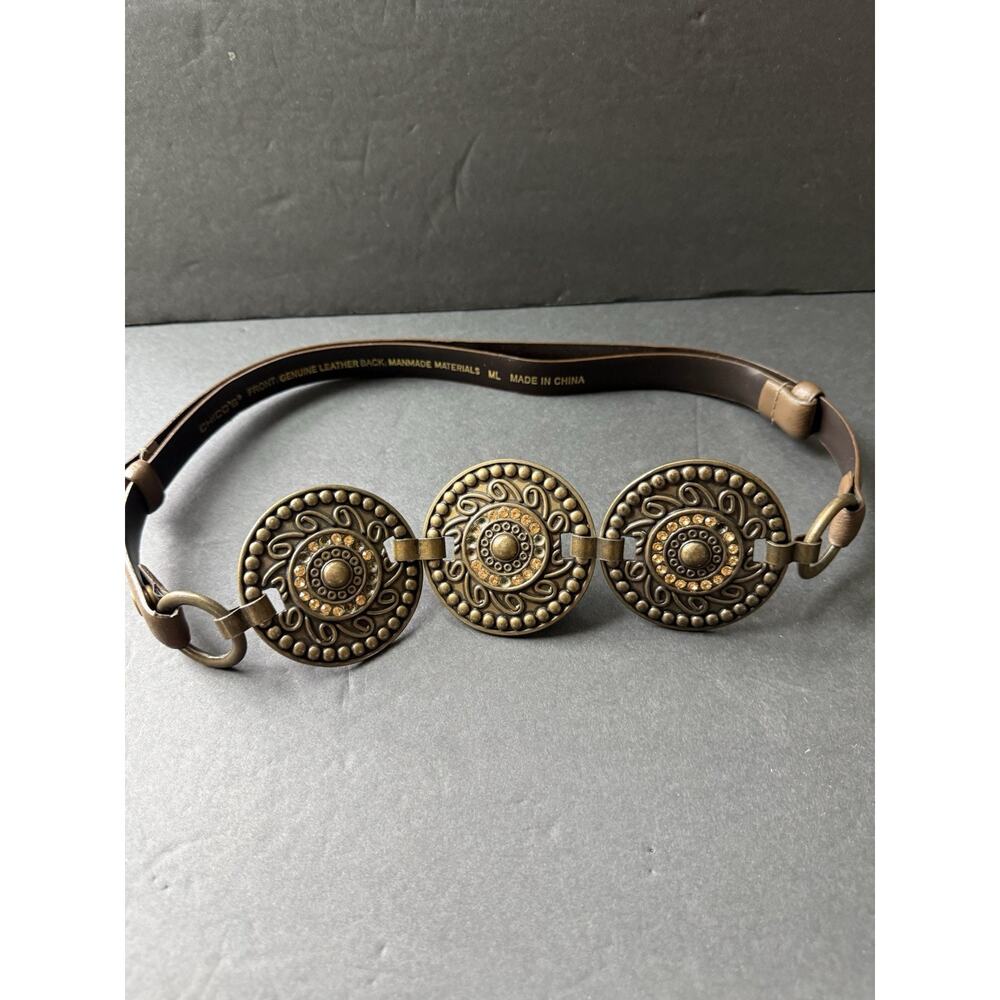 Chicos Leather Medallion Belt Boho Western Cowgirl Waist 28”-42” Festival Womens